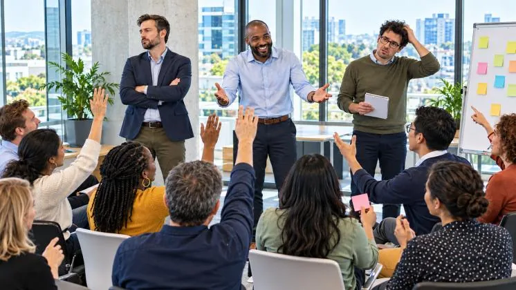 Workshop participants raising their hands during a change management role-play